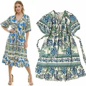 Fig + Flower Floral‎ Print Blue Green White Midi Dress Boho V Neck Tie Waist L